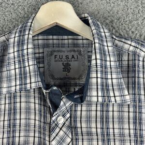 Fusai Shirt Mens Large Blue White Plaid Outdoor Business Casual Preppy Hike Camp